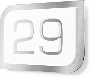 Graviers Design Hausnummernschild aus V2A Edelstahl 215x150 - Weiß - Wetterfest Rostfrei Individuell anpassbar mit eigener Nummer - Made in Germany