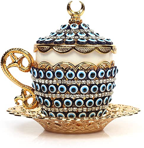 Alisveristime Turkish Coffee Cup Set - Authentic Turkish Greek Arabic Coffee Espresso Cup with Saucer (Enhance Your Coffee Experience Now!) (1 Pc) (Evil Eye Gelincik Design) (Gold)