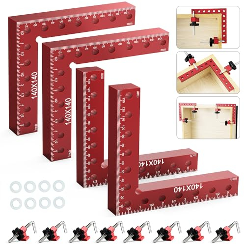 Housolution 90-Grad Winkelspanner Rechtwinklige Klemmen, 14 x 14 cm Aluminiumlegierung Positionierwinkel für Schränke Boxen Bilderrahmen Holzarbeiten, Rot, 4 Stück