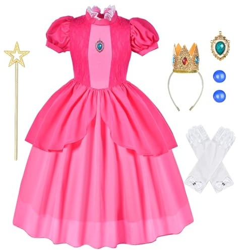 Aomig Princess kostym för flicka, 6 st Pink Princess Dress Up med kronörhängen Handskar Brosch & Wand, Pink Princess Outfit, Kids Princess Klänning för Cosplay Halloween
