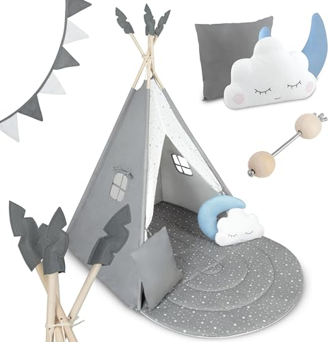 Nukido - Spielzelt für Kinder - Teepee - Spielhaus - mit Holzrahmen, Halterung und Baumwollbezug - Großes Set - mit Kissen, weicher Spielmatte, Fensterrollo, Girlande - Faltbar - Grau
