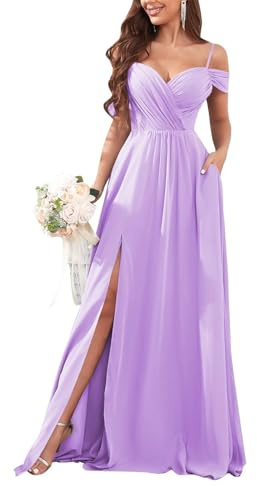 KURFACE Cold Shoulder Bridesmaid Dresses Lilac Plus Size for Women with Pockets Chiffon Long Formal Dress with Slit UK22