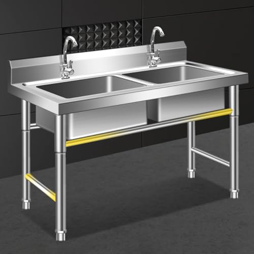 TT-YEC Freistehendes Doppelwaschbecken, Gewerbliches Küchenspülbecken Aus Edelstahl 304, Gewerbliches/Industrielles Spülbecken Mit Aufkantung Und Zwei Wasserhähnen, Spüle Im Landhausstil,120 * 70cm