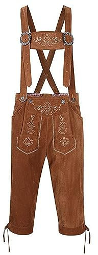 Bayerische Premium Trachtenhose Herren Kurz Lederhose Herren Tracht Original Trachtenlederhosen Lederhosen Schwarz mit Gestreiftes Herrenhemd Hosenträger Trachtenhut für Oktoberfest Outfit