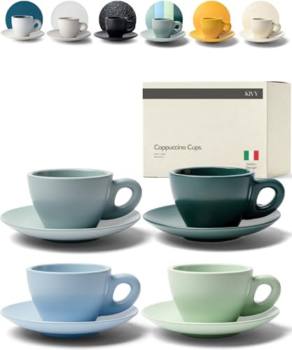KIVY Set di tazze per cappuccino [4 x 240 ml] – Barista cappuccino – Tazze per cappuccino in gres a pareti spesse – Tazza con piattino – Tazze per cappuccino fatto a mano – Verde, blu