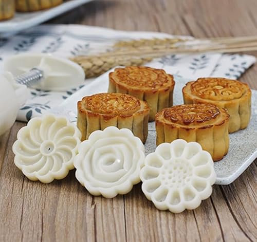 Baking Tools Mid-Autumn Mooncake Mould Press with 8 Flower Stamps Moon Cake Decor Mould Mid-Autumn Festival DIY Hand-Pressure Cake Decoration Tool Hand-Pressure Biscuit for Kitchen Gadget(50g)