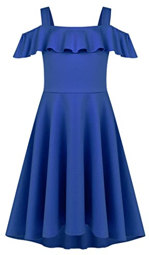 Arshiner Sommarklänning för flickor, axellös, volangärmar, elegant, fyrkantig hals, hängselklänning, utsvängd klänning, swingklänning, ledig klänning med ficka, 4–13 år, blå, 14-15 ans