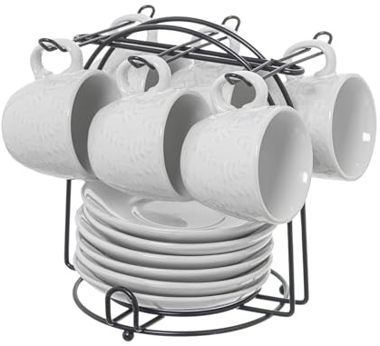 Set de 6 Tazas de Porcelana Blanca con Soporte de Metal Negro 6.5x5.5x6.5 cm