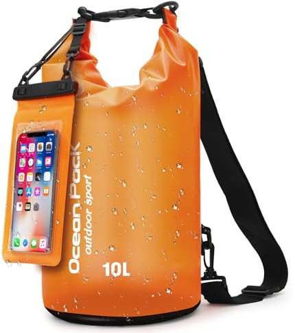 Dry Bag mit Handy-Schutzbeutel & Trageriemen – Wasserdichte Tasche für Outdoor, Camping & Wassersport | 5L, 10L, 20L | Ultraleicht & Robust | Packsack Wasserdicht & Rucksack (Orange, 10, Liter)