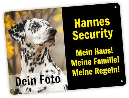 Hundeschild mit eigenem Foto & Namen „Security“ - 28 x 20 cm - Lustiges Vorsicht Hund Warnung Schild - wetterfest & rostfrei & Bohrlöcher - Warnschild Hund - Aluminium, Stärke 0,5 mm