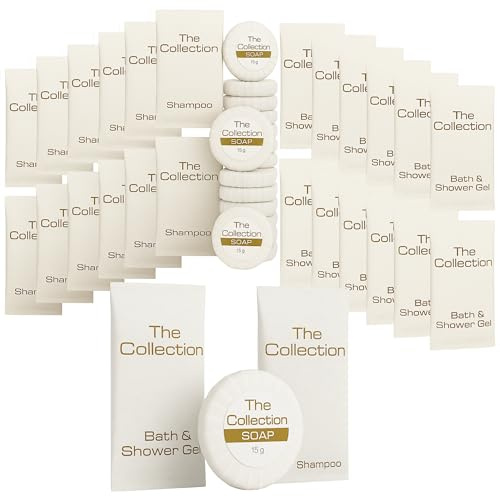 Articles de toilette en format voyage, articles de toilette miniatures pour hôtels, 12 x 10 ml de gel douche, 12 x 10 ml de shampoing en sachet, 12 x 15 g de savon plissé en tissu, grand paquet, idéal