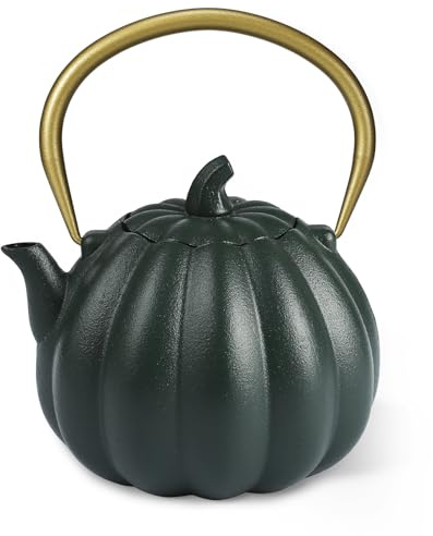 SKIKEN Kürbis-Teekanne aus Gusseisen mit Teesieb, japanischer Wasserkocher mit Emaille-Innenseite für lose Blätter, traditionelles Tetsubin, Edelstahlfilter, herdfest (dunkelgrün)