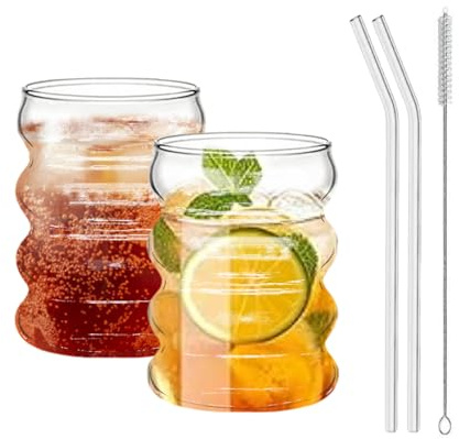 MYKAGS Lot de 2 verres à cocktail 320 ml avec pailles en verre pour café latte, matcha, mojito, verres à eau, jus, bière