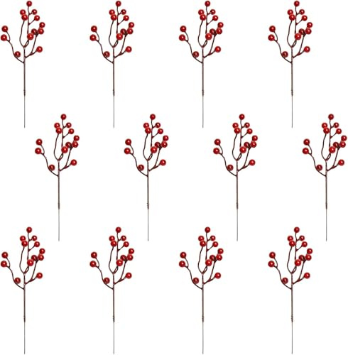 NAHUAA 12 Stück Künstliche Rote Beeren Deko Weihnachten 24 cm Beerenzweig Künstlich Weihnachtsdeko Beeren Picks Stechpalme Holly Beeren für Winter Dekoration, Weihnachtskranz, Weihnachtsbaum
