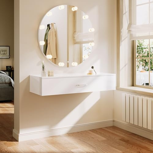 ELEGANT Wall Mounted Dressing Table with Mirror and Adjustable LED Bulbs, White Floating Shelf with Partition Storage, High Gloss Vanity Table for Living Room, 100W x 38D x 100Hcm