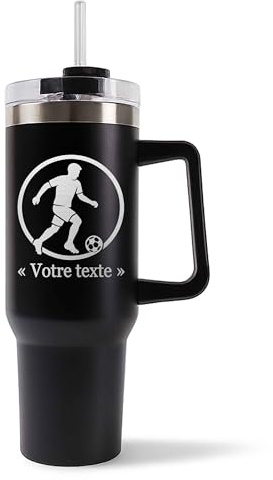 Mug Isotherme 1,2L - Activité avec Prénom Personnalisable – Bouteille avec Anse, Paille et Couvercle – Sport Passion Idée Cadeau Personnalisé Gourde (Noir, Foot)