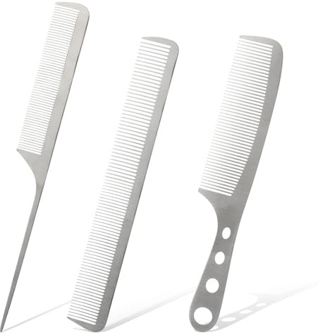 3 Pcs Metal Comb Stainless Steel Fine Tooth Comb Flat Top Barber Combs Professional Barber Comb Set Anti Static StylingComb Hairdressing Barbers Combs for Hair Stylist Women Men Hair Styling Cutting