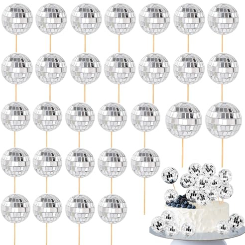 30 Pcs Disco Ball Cupcake Toppers, 70s Disco Ball Cake Decorations with Stick, Disco Themed Party Supplies, Retro Mini Disco Balls Picks for Birthday Decor(Silver)