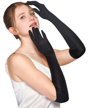 DORKIN Gants et moufles femme，1 paire de gants de soirée pour femmes, gants longs en satin, style années 1920, noirs, parfaits pour les fêtes, les déguisements, les bals, les soirées, etc.