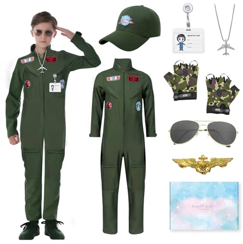 COYBTO Costume Pilota Bambino, Vestito da Aviatore con Cappello Guanti Mimetici Occhiali, Costume da pilota per bambini, Regalo per Bambino, Compleanno Cosplay(140)