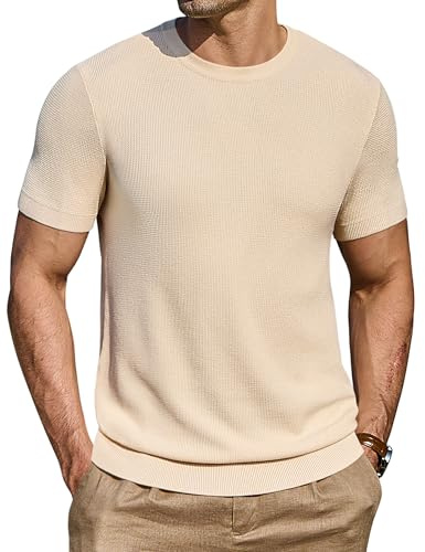 COOFANDY Camiseta De Hombre Camisa De Manga Corta Jersey Cuello Redondo JerséIs De Punto Normal Beige XL