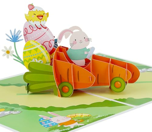 iGifts And Cards 3D Bunny in a Carrot Car Pop Up Card – Whimsical Easter Greeting Spring Road Adventure Celebration for Daughter Granddaughter Niece – 6 x 8 with Notecard