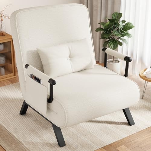 YOUDENOVA Poltrona Letto 4 in 1, Divano Letto Singolo Pieghevole con Schienale Regolabile a 5 Posizioni, Letto per Ospiti e Divano Relax, Portata 150 kg, con Tasca Portaoggetti, 190 × 69 cm, Beige