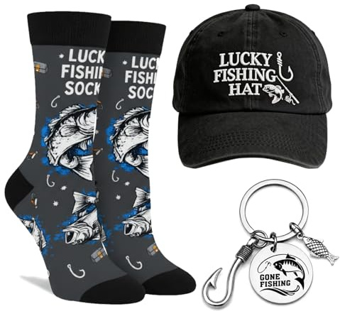Fishing Gifts for Men Lucky Fishing Socks Hat and Keychain Set, Funny Novelty Socks for Fisherman, Birthday Presents for Him Dad Son Husband Grandad Boys Boyfriend