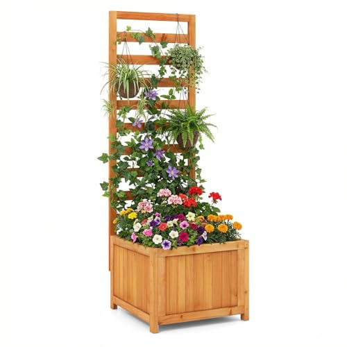 GOPLUS Blomlåda med spaljé, 123 cm trädgårdsbädd med vertikalt rutnät, dräneringshål och djup planteringslåda, upphöjd bädd för klätterväxter och blommor, blomkruka, trä för trädgård och balkong