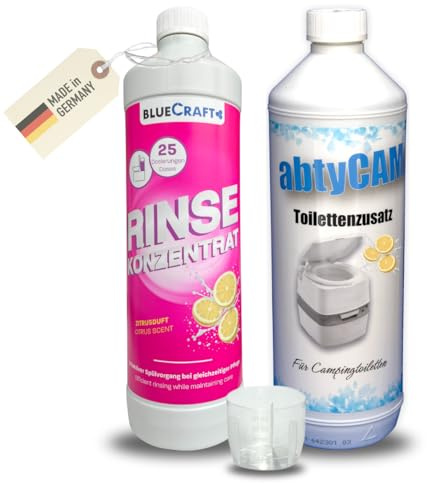 Bluecraft Rinse + abtyCAM Sanitärflüssigkeit für Campingtoilette Set 2x 1L | Für Spülwassertank & Abwassertank - WC Camping Toilette Chemie Sanitärkonzentrat für Chemietoilette Spültank mit Zitrusduft