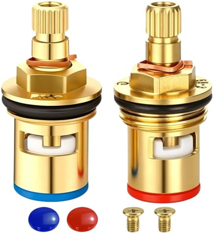1 Pair Universal Tap Cartridge Replacement, 1/4 Turn Solid Brass Ceramic Mixer Tap Cartridge, Hot and Cold Inserts, Durable Faucet Repair Kit for Bathroom Basin Kitchen Sink Shower Taps