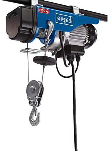 Scheppach elektrischer Seilzug HRS250 Flaschenzug Kettenzug mit Umlenkrolle | maximale Tragkraft 250/125 kg | Leistung 530W | Hubhöhe 12/6 m | Not-Aus-Schalter | Hebezug inkl. 2 Befestigungsbügel