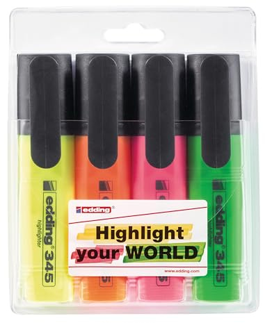 edding 345 Textmarker - gelb, orange, pink, grün - 4er-Set - Keilspitze 2-5 mm - ideal für leuchtende Markierungen und Hervorhebung von Textpassagen und Notizen