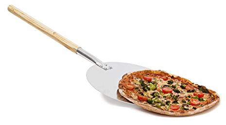 Relaxdays Pizzaschaufel rund, Pizzaschieber, Holzgriff, Profi Pizzaheber & Brotschieber, Aluminium, Ø 30cm, beige/silber