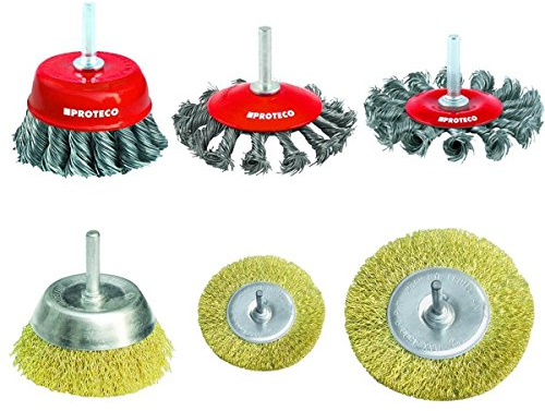 Proteco-Werkzeug® Set 6 tlg Drahtbürste Drahtbürsten mit Einspannschaft 6 mm für Bohrmaschine Akkuschrauber Topfbürste Rundbürste Pinselbürste Kegelbürste gezopfter gewellter Draht