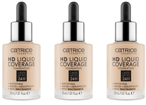 Catrice HD Liquid Coverage Foundation, Nr. 010, Nude, langanhaltend, mattierend, matt, für unreine Haut, vegan, ölfrei, wasserfest, ohne Parabene, 3er Pack (3x30ml)