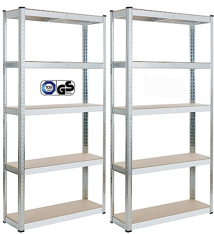 Arebos Schwerlastregal 2er Set | 180x90x30cm | 875kg Tragkraft | 5 MDF-Platten | Einfache Montage durch Stecksystem Regal Lagerregal Kellerregal Steckregal Werkstattregal | verzinkt