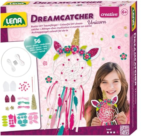 Lena 42701, Kit de Bricolage Dreamcatcher Licorne, 56 pièces, pour fabriquer Un Attrape-rêves avec Anneau, Rubans et ficelles colorés, Perles et Fleurs en Tissu, kit pour Enfants à partir de 6 Ans