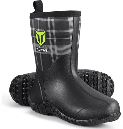 TIDEWE Rubber Boots for Women with Steel Shank, 6mm Neoprene Waterproof Insulated Mid Calf Rain Boots, Sturdy Hunting Work Boots for Farming Gardening Fishing (Plaid Size 9)