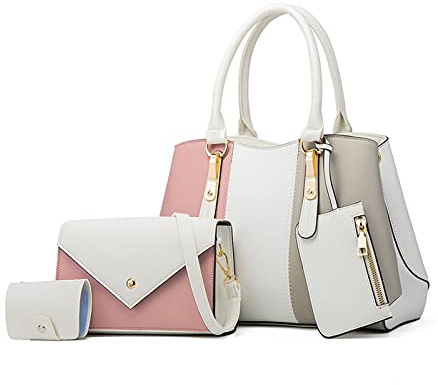 NICOLE & DORIS Damen Handtaschen 4 Teiliges Set Henkeltasche Schultertasche Kontrastfarbene Umhängetasche+Modische Crossbody Bag+Süße Brieftasche+Kartenhalter