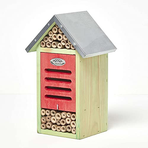 HOMESCAPES Naturholz-Insektenhotel für Gärten H 29 cm x B 18 cm, Insektenhaus mit Öffnungen für Marienkäfer, Bienen, Schmetterlinge, etc. Insektenhotel für Bäume, Mauern oder Zäune, Nistkasten