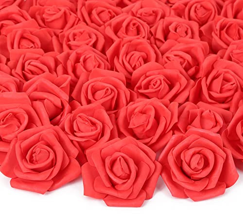INSUNSIX Artificial Rose Flower Heads, 100pcs Red Foam Rose Artificial Flower Heads for DIY Wedding Bouquets Centerpieces Arrangements Party Baby Shower Home Decor (Stemless, Red)