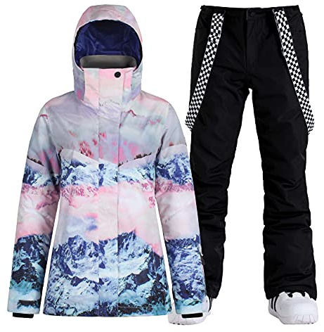 GSOU SNOW Women's Ski Jacket and Pants Waterproof Snowsuit Ski Outfit Snow Ski Suit Insulated Winter Warm,Mountain Black L