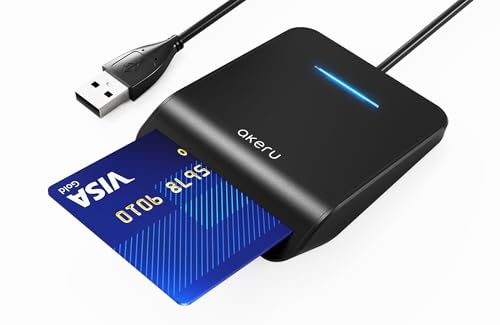 CAC Card Reader with LED Indicator, DOD Military Common Access, (5 feet Long Cable). Universal Compatibility, Compact PIV Smart Card Reader Compatible with Windows , Mac OS– Black AKERU [EAL-20]
