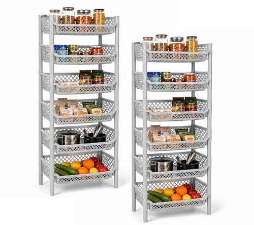 ARTECSIS® Korbregal aus Kunststoff mit 12 Regal-Etagen stapelbar & modular erweiterbares Stecksystem grau (schmal) - Kellerregal & Vorratsregal für Lagerung - Abstellraum Steckregal & Lagerregal