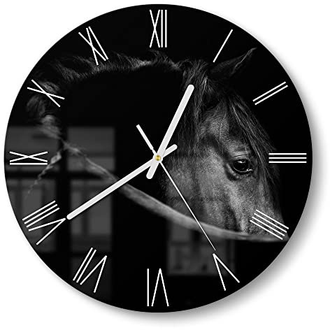 DEQORI Glasuhr | rund Ø 30 cm | Motiv Schönes Pferd im Profil | ausgefallene leise Design Uhr aus Glas | Wanduhr für Wohnzimmer & Küche | moderne Hingucker Uhr für die Wand