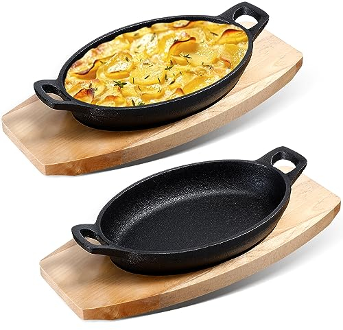 Mifoci 2 Sets Gusseisen Pfanne mit Holzboden Mini Gusseisen Fajita Teller Gusseisen Bäckerpfanne Matt Schwarz Kleine Gusseisen Pfanne für Küche Restaurant Grill Abendessen (21,6 x 12,9 x 4,1 cm)