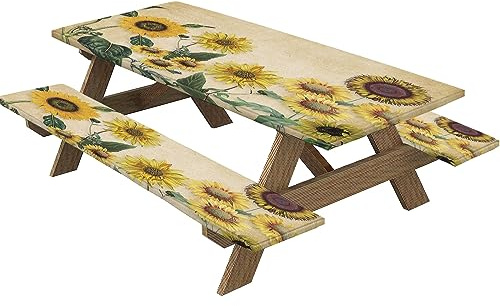 Highdi 3 Piezas Funda de Mesa de Picnic Ajustable con Fundas de Banco, Mantel Mesa Rectangular Antimanchas Manteles de Mesa impermeable Elastic para Exterior, Fiestas, Camping (Girasol,30*72 pulgadas)