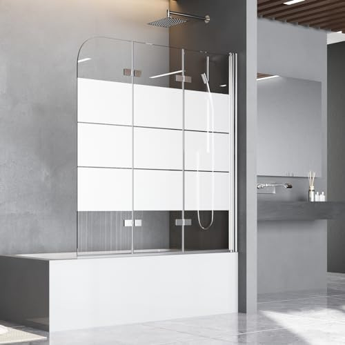 Duschwand für Badewanne 120 x 140 cm Badewannenfaltwand 3-teilig Gestreift Faltbar Duschtrennwand 6mm Nano Glas Silber Faltwand Duschabtrennung