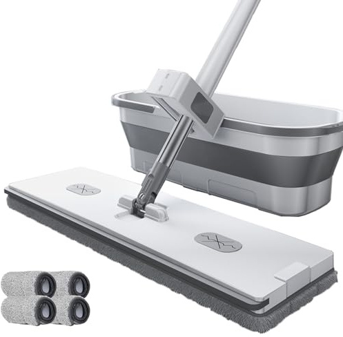 DFANCE Trapeador Plano Grande,Trapeador Plano de Limpieza y Cubo,Trapeador raspador de deshidratación autónomo,trapeador de Polvo Giratorio 360​​​​° para Limpieza De Pisos,4PCS Cloths